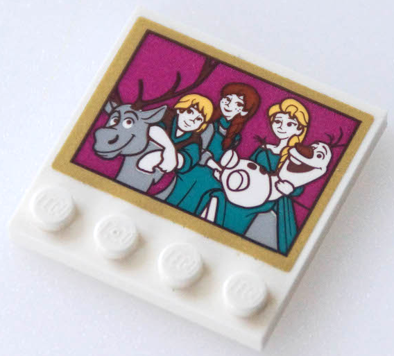 Lego Tile, Modified 4 x 4 with Studs on Edges with Picture of Sven, Kristoff, Anna, Elsa and Olaf with Gold Border Pattern (Sticker) - Set 41167 / White