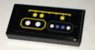 Lego Tile 1 x 2 with Batcomputer Control Console Yellow Square, Blue and White Round Buttons / Lights Pattern (Sticker) - Set 70909 / Black
