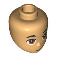 Lego Minidoll Head, Small Black Eyebrows, Brown Eyes, Lopsided Grin / Warm Tan