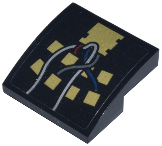 Lego Slope, Curved 2 x 2 x 2/3 Inverted with Gold Squares and Dark Red, Dark Blue, Silver, and Dark Silver Wires Pattern Model Left Side (Sticker) - Set 75398