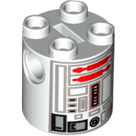 Lego Brick Round 2 x 2 x 2 Robot Body, Axle Holder '+' Orientation with Gray and Red Astromech Droid Print (R5-D4) / White