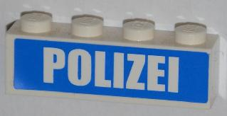 Lego Brick 1 x 4 with White 'POLIZEI' on Blue Background Pattern (Sticker) - Set 7743 / White