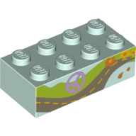 Lego Brick 2 x 4 with Peace Symbol, Road, and Flowers Print / Light Aqua