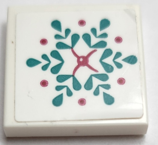 Lego Tile 2 x 2 with Cushion with Dark Turquoise Leaves, Magenta Dots and Button Pattern (Sticker) - Set 41167 / White