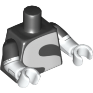 Lego Torso, Dual Molded Arms, Large White 'S' Print, Black Sleeves Pattern, White Arms and Hands with Silver Lines Print / Black