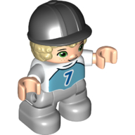 Lego Duplo Figure Child with Short Hair and Riding Helmet Black, Light Bluish Gray Legs, Dark Azure Shirt with '7' Print