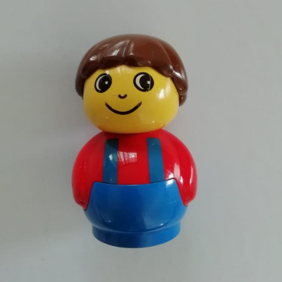 Lego Primo Figure Boy with Blue Base, Blue Suspenders Print, Brown Hair / Red