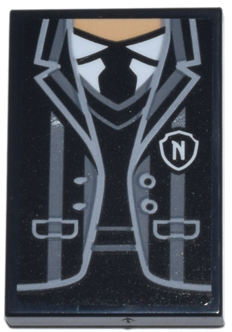 Lego Tile 2 x 3 with Suit Jacket with Dark Bluish Gray Stripes, Light Bluish Gray Trim, White Badge Letter N and Medium Tan Neck Pattern (Sticker) - Set 76780