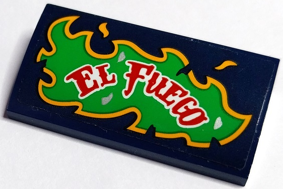 Lego Slope, Curved 2 x 4 x 2/3 with Bottom Tubes with Red and White 'EL FUEGO' on Bright Green and Bright Light Orange Flames Pattern Model Right Side (Sticker) - Set 70429 / Dark Blue