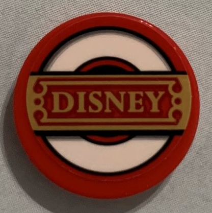 Lego Tile, Round 2 x 2 with Bottom Stud Holder with Gold 'DISNEY' on White Ring Pattern (Sticker) - Set 71044 / Red