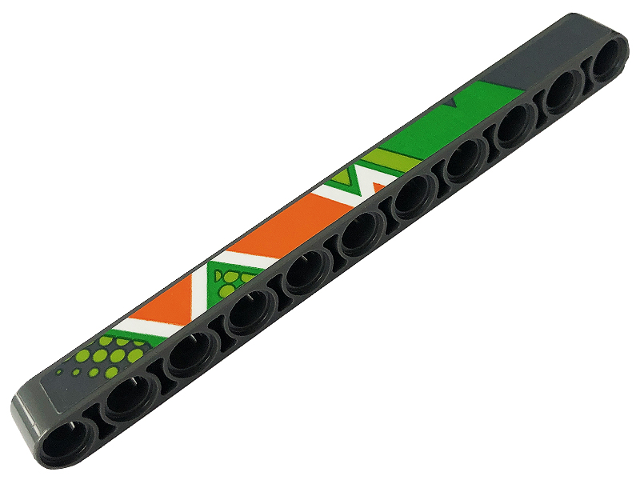 Lego Technic, Liftarm Thick 1 x 11 with Bright Green, Lime, Orange and White Diagonal Stripes, Triangles and Dots Pattern Model Left Side (Sticker) - Set 42129