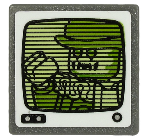 Lego Road Sign 2 x 2 Square with Open O Clip with Ghost Clown on Yellowish Green Screen Pattern (Sticker) - Set 70432