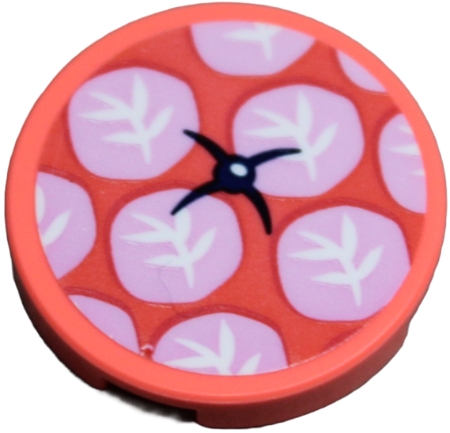 Lego Tile, Round 2 x 2 with Bottom Stud Holder with Coral Cushion with White Leaves on Bright Pink Circles Pattern (Sticker) - Set 42609