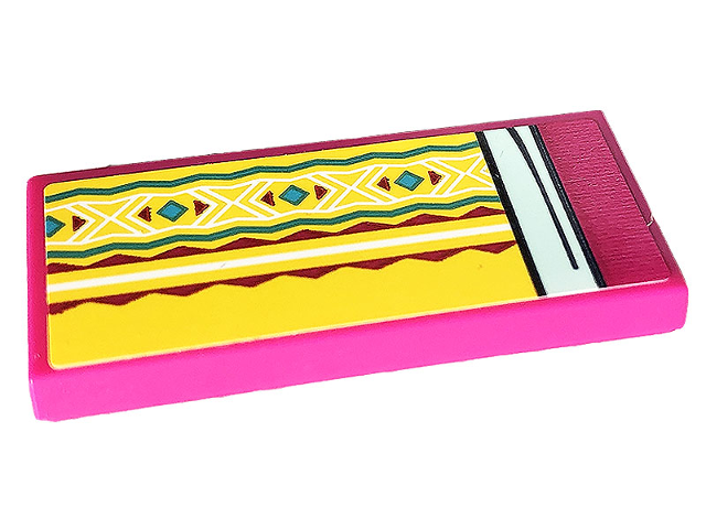 Lego Tile 2 x 4 with Yellow Blanket with Magenta, Medium Azure, and White Geometric Pattern (Sticker) - Set 41703 / Magenta