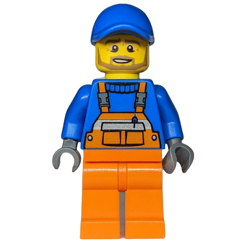 Lego Construction Worker, Orange Overalls over Blue Sweater, Blue Cap, Dark Tan Beard