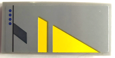 Lego Slope, Curved 4 x 2 with Yellow Triangle, Blue Dots, and Dark Bluish Gray Line Pattern Model Right Side (Sticker) - Set 75150 / Light Bluish Gray