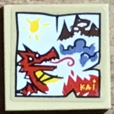 Lego Tile 2 x 2 with White Parchment, Red Dragon, Yellow Sun, Reddish Brown Mountains, Sand Blue Smoke and 'KAI' in Flames Pattern (Sticker) - Set 71797