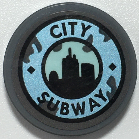 Lego Tile, Round 2 x 2 with Bottom Stud Holder with Black 'CITY SUBWAY' on Metallic Light Blue, Skyline on Light Aqua Circle Pattern (Sticker) - Set 70427 / Dark Bluish Gray