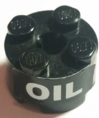 Lego Brick, Round 2 x 2 with Axle Hole with White 'OIL' Pattern (Sticker) - Set 8161 / Black