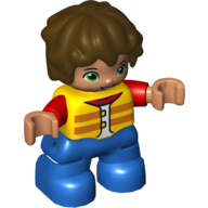 Lego Duplo Figure Child with Short Wavy Hair Brown, Blue Legs, Red Arms, Yellow Life Vest Print
