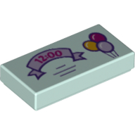 Lego Tile 1 x 2 with Invitation with '12:00' on Lavender Ribbon and 3 Balloons Print / Light Aqua