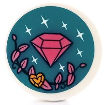 Lego Tile, Round 3 x 3 with Dark Pink Diamond, Vine, Sparkles and Heart Shaped Gem on Dark Turquoise Background Pattern (Sticker) - Set 41450