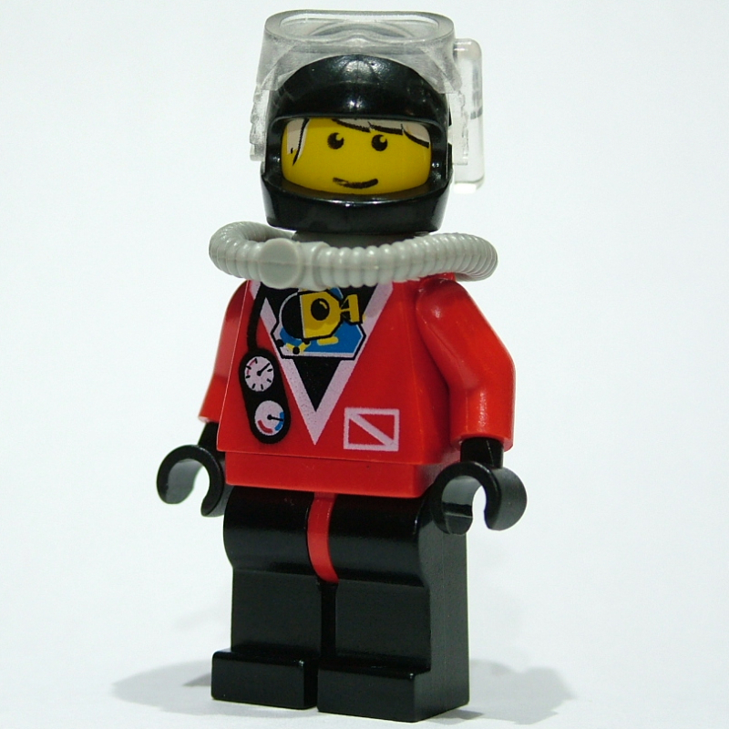 Lego Diver, Man, Red Wetsuit, Black Helmet with Mask, Airtank, Printed White Hair