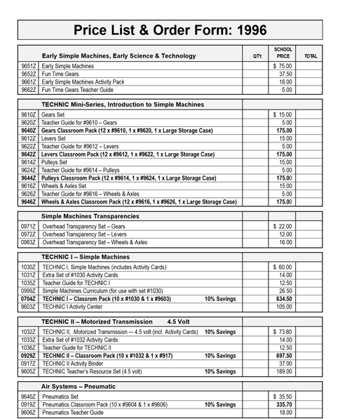 Lego 1996 Small US Dacta Foldout - Price List & Order Form