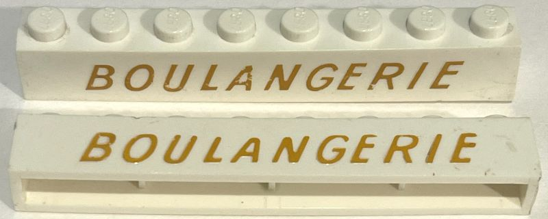 Lego Brick 1 x 8 without Bottom Tubes with Cross Side Supports with Light Gold 'BOULANGERIE' Italic Thin Pattern