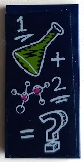 Lego Tile 2 x 4 with White, Dark Pink and Lime '1 Erlenmeyer Flask Plus 2 Molecules Equals Question Mark' on Blackboard Pattern (Sticker) - Set 41402 / Dark Blue