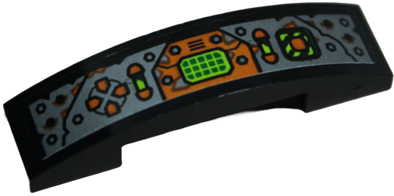 Lego Slope, Curved 4 x 1 x 2/3 Double with Silver Control Panel with Rivets, Orange Buttons and Lime Screen Pattern (Sticker) - Set 71763 / Black