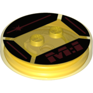 Lego Function Brick Round 4 x 4 x 2/3 with 2 Studs and Red Lines and 'M:I' on Black Background Print / Trans-Yellow