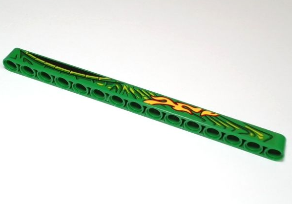 Lego Technic, Liftarm Thick 1 x 15 with Red and Yellow Flames, Lime and Dark Green Scales and Skin Pattern Model Left Side (Sticker) - Set 42149 / Green