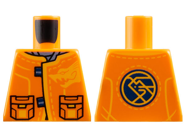 Lego Torso Tang Jacket with Pockets and Bright Light Orange Dragon Head and Trim over Sand Blue Shirt, Dark Blue Circle with Ninjago Logogram 'ARIN' on Back Pattern / Orange