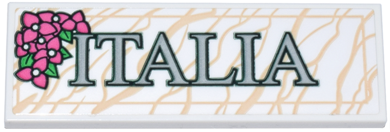 Lego Tile 2 x 6 with Marble Plaque with Tan Veins, Dark Pink Flowers with Leaves and Dark Green and Light Bluish Gray 'ITALIA' Pattern (Sticker) - Set 40818 / White