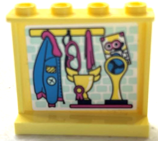 Lego Panel 1 x 4 x 3 with Side Supports - Hollow Studs with Dark Azure Hanging Aviator Jacket, Dark Pink Goggles, Scarf, Robot Picture and Trophies Pattern (Sticker) - Set 41343 / Bright Light Yellow