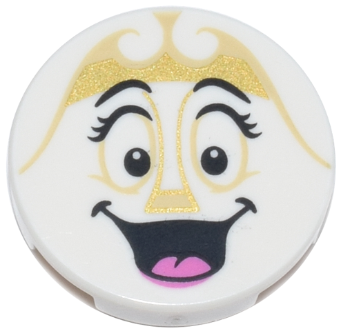 Lego Tile, Round 2 x 2 with Bottom Stud Holder with Tan and Gold Scrolls, Eyes and Nose, Black Eyebrows and Eyelashes, Open Mouth Smile with Dark Pink Tongue Pattern (Wardrobe Face) / White
