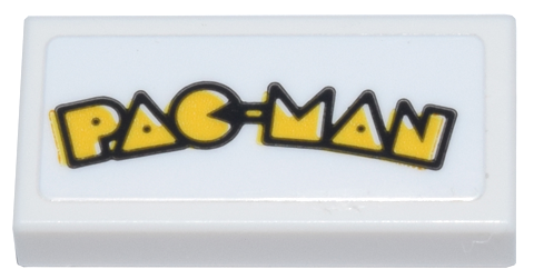 Lego Tile 1 x 2 with Yellow 'PAC-MAN' Logo with Black Outline Pattern (Sticker) - Set 10323 / White