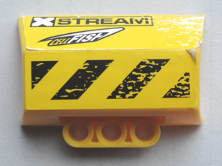 Lego Technic, Panel Engine Block Half / Side Intake with 'XSTREAM', 'CELLFISH', Black and Yellow Danger Stripes Pattern Model Right Side (Stickers) - Set 8490 / Yellow