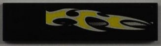 Lego Tile 1 x 4 with Silver Stripe and Yellow Flame on Black Background Pattern Model Left Side (Sticker) - Set 8186 / Black