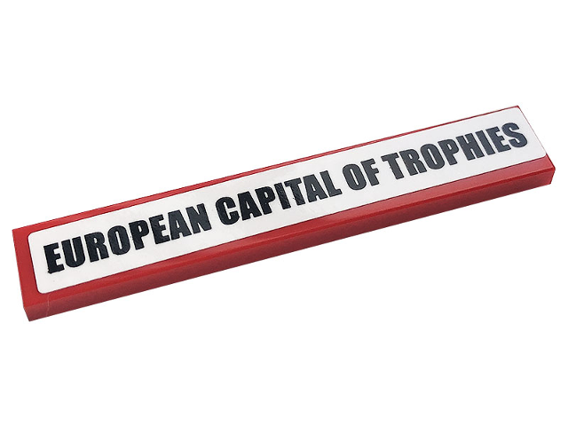 Lego Tile 1 x 6 with Black 'EUROPEAN CAPITAL OF TROPHIES' on White Background Pattern (Sticker) - Set 10272 / Red