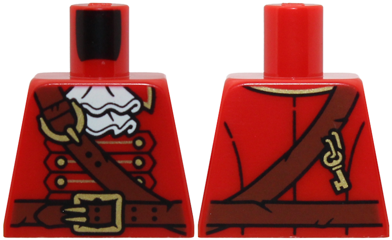 Lego Torso Pirate Captain, White Ruffled Collar, Reddish Brown Shoulder Belt, Gold Buckles, Buttons, and Key on Back Pattern
