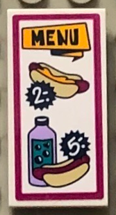 Lego Tile 2 x 4 with 'MENU', '2.-' Hot Dog, '5.-' Hot Dog and Bottled Drink Pattern (Sticker) - Set 41334 / White