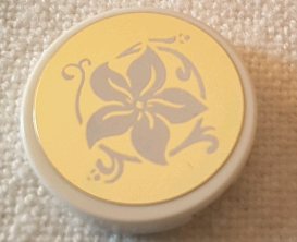 Lego Tile, Round 2 x 2 with Bottom Stud Holder with White Flower on Mirrored Gold Background Pattern (Sticker) - Set 10257