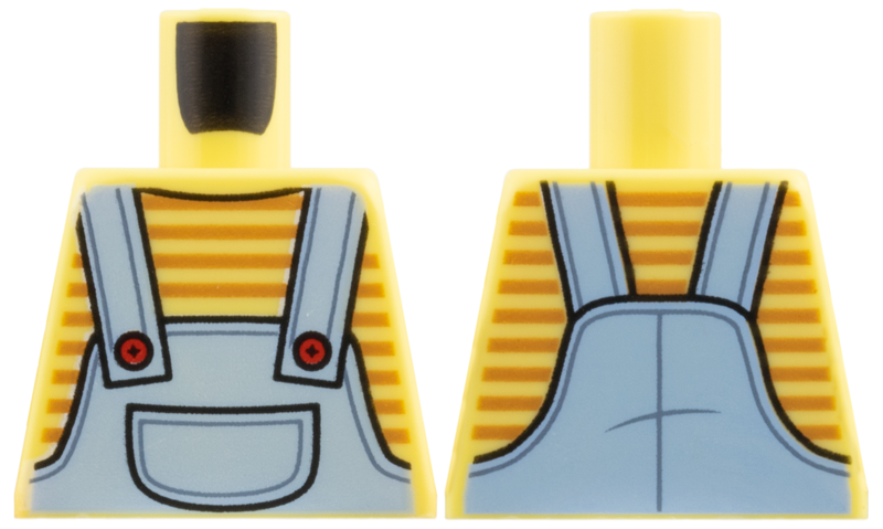 Lego Torso Bright Light Blue Overalls with Pocket and Red Buttons over Shirt with Medium Nougat Stripes Pattern / Bright Light Yellow