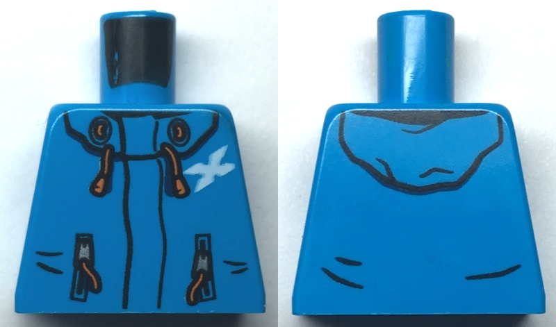 Lego Torso Jacket with Hood, White Letter X, Orange Zippers and Drawstrings Pattern / Dark Azure