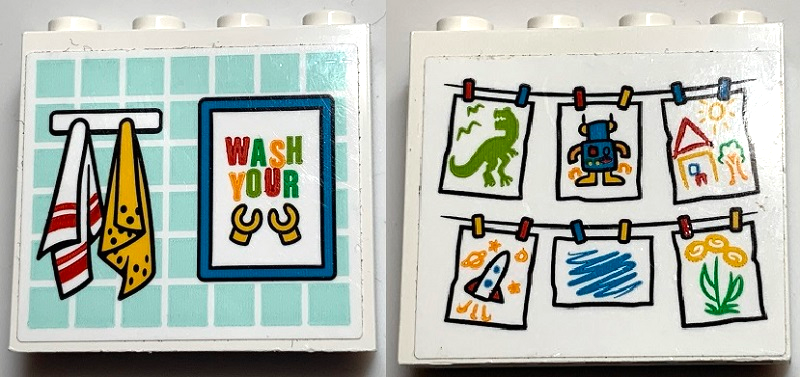 Lego Brick 1 x 4 x 3 with Towels, Poster with 'WASH YOUR' and Minifigure Hands and Hanging Children's Paintings Pattern on Both Sides (Stickers) - Set 60291
