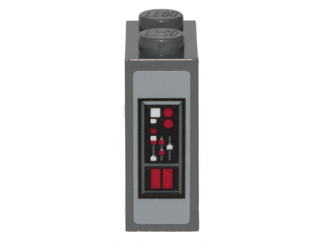 Lego Brick 1 x 2 x 2 with Inside Stud Holder with Dark Red and White Buttons Pattern (Sticker) - Set 75216 / Dark Bluish Gray