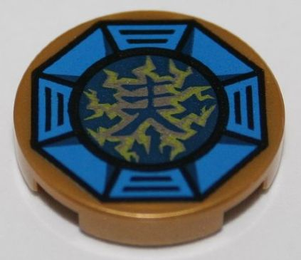 Lego Tile, Round 2 x 2 with Bottom Stud Holder with Airjitzu Lightning Symbol in Blue Octagon Pattern / Pearl Gold