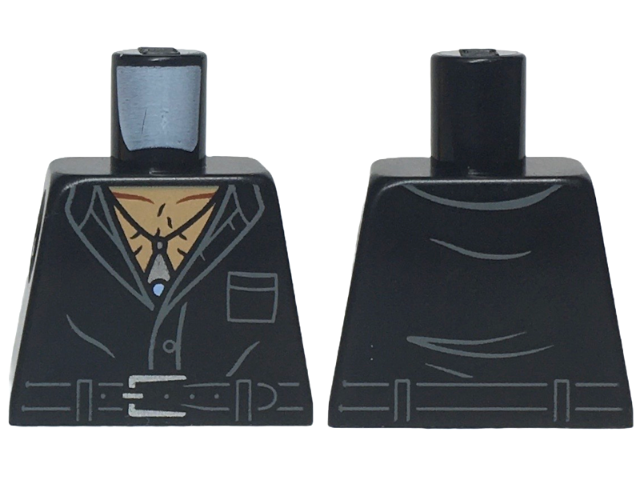 Lego Torso Shirt Partially Open with Pocket and Button, Belt with Silver Buckle, Nougat Hairy Chest, Pendant Necklace Pattern / Black